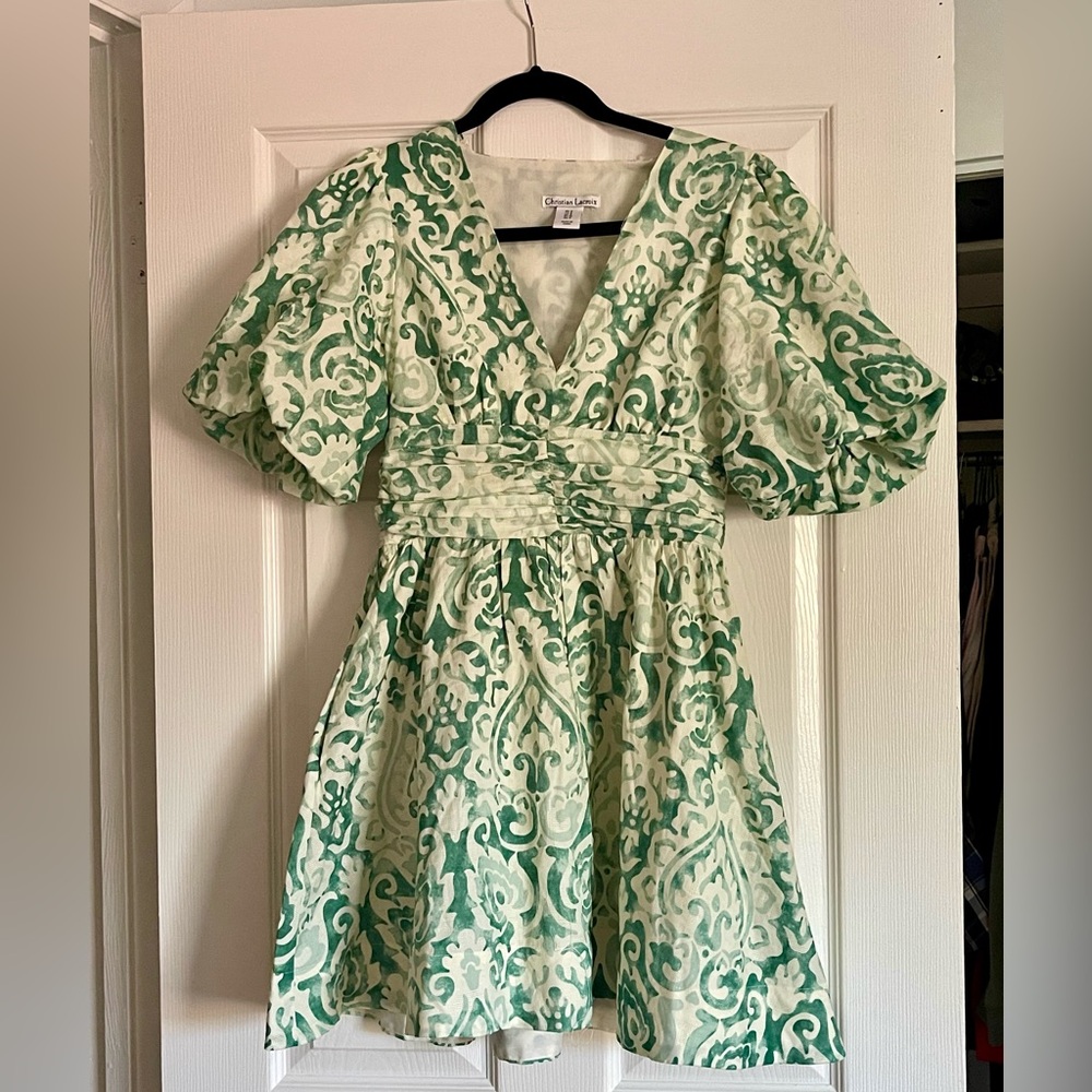 Christian Lacroix Stylish Green and White puff Sleeve Dress- Size 2